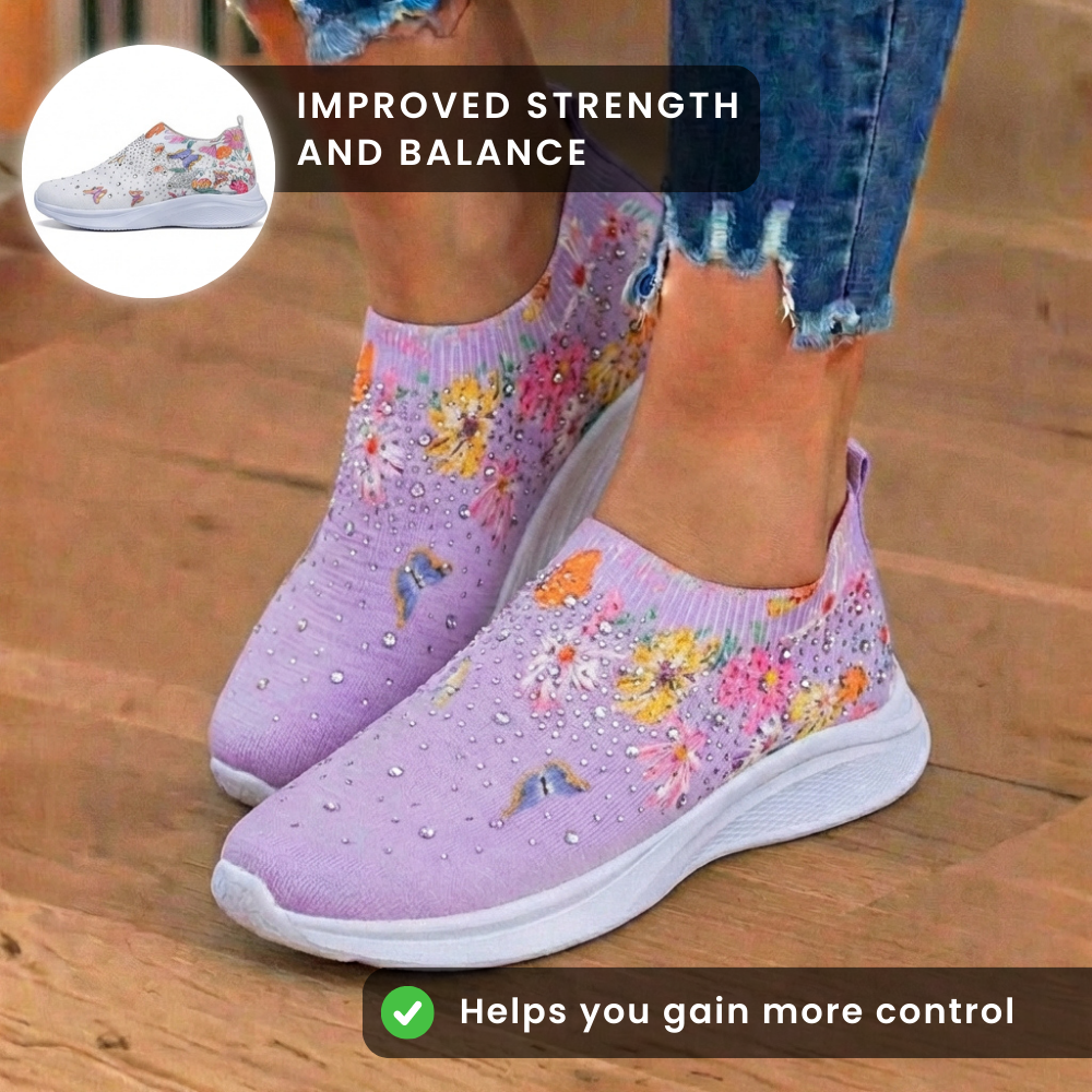 Orthopädische Strick-Slip-On-Sneaker - Schmetterings- und Blumendruck und Kristall-Verzierungen