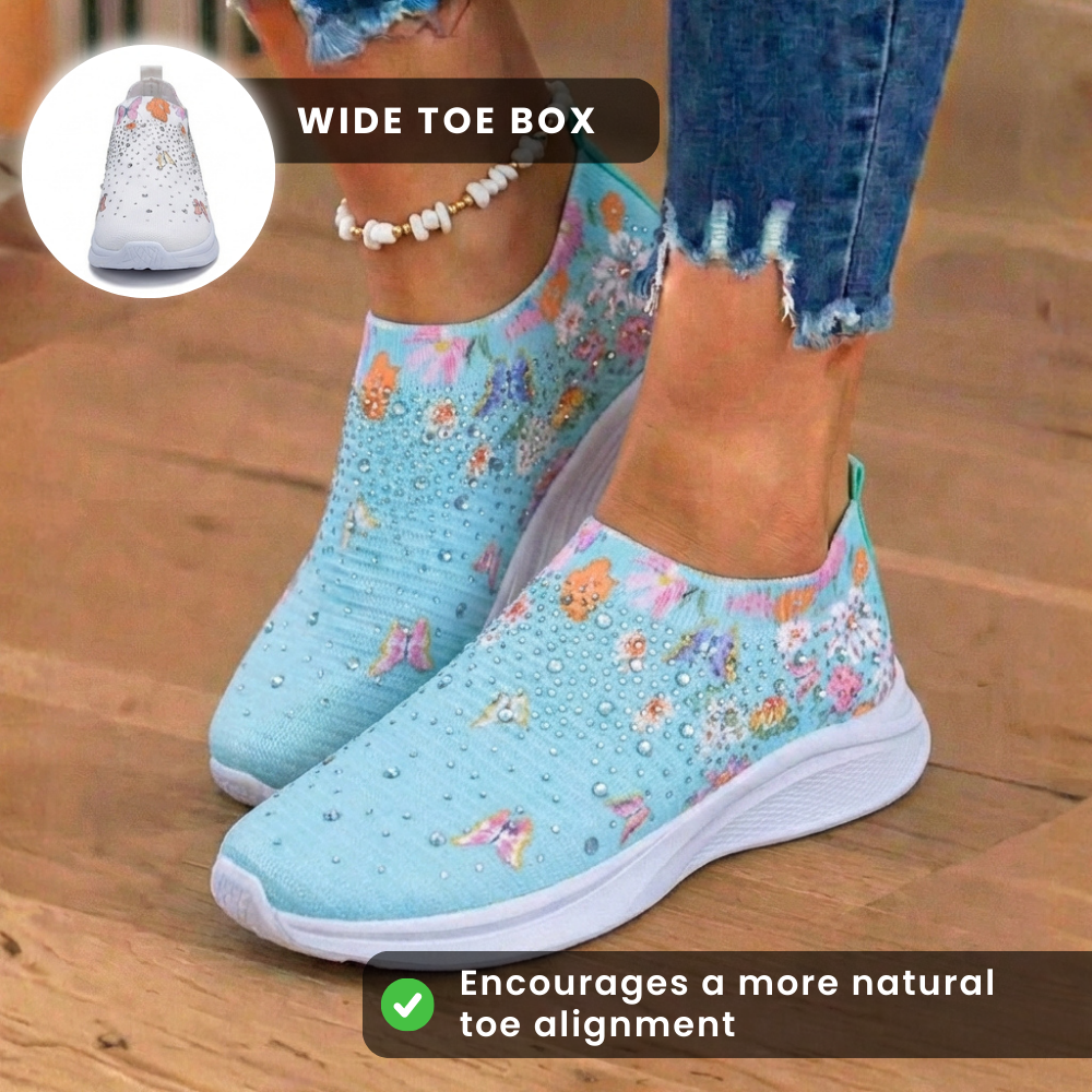 Orthopädische Strick-Slip-On-Sneaker - Schmetterings- und Blumendruck und Kristall-Verzierungen