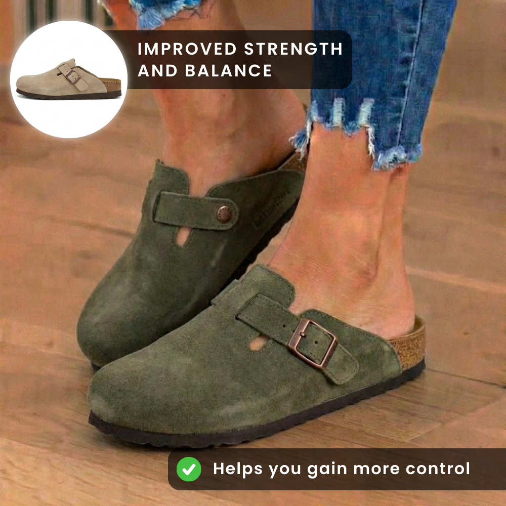 Orthopädische Wildleder-Korkfußbett-Clogs - Einzelne Schnalle Detail