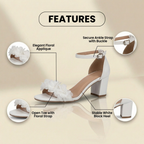 Orthopädische Blockabsatz-Sandalen - Blumen-Applikation & Knöchelriemen