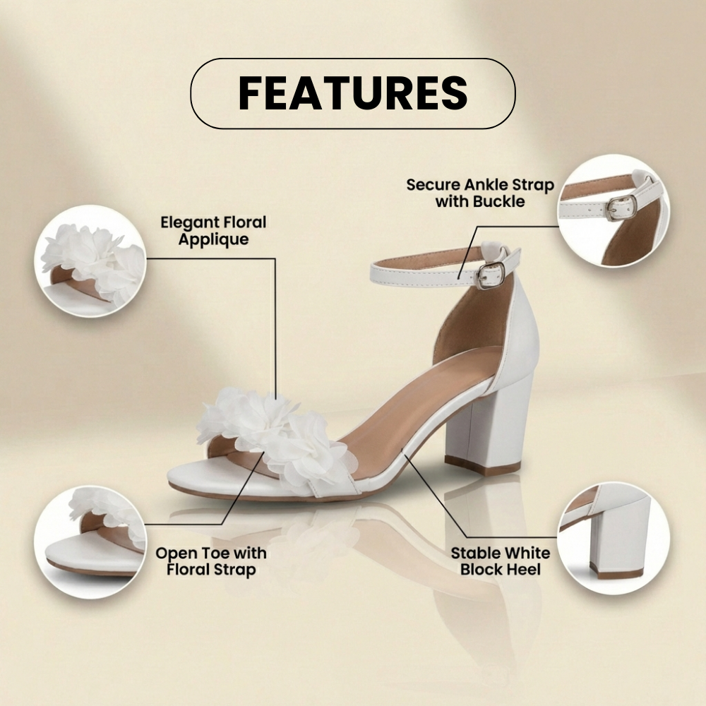Orthopädische Blockabsatz-Sandalen - Blumen-Applikation & Knöchelriemen