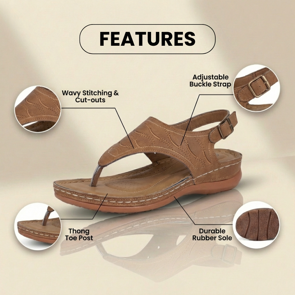 Orthopädische Leder-T-Riemen-Sandalen - Gestepptes Muster & Kontrastnaht