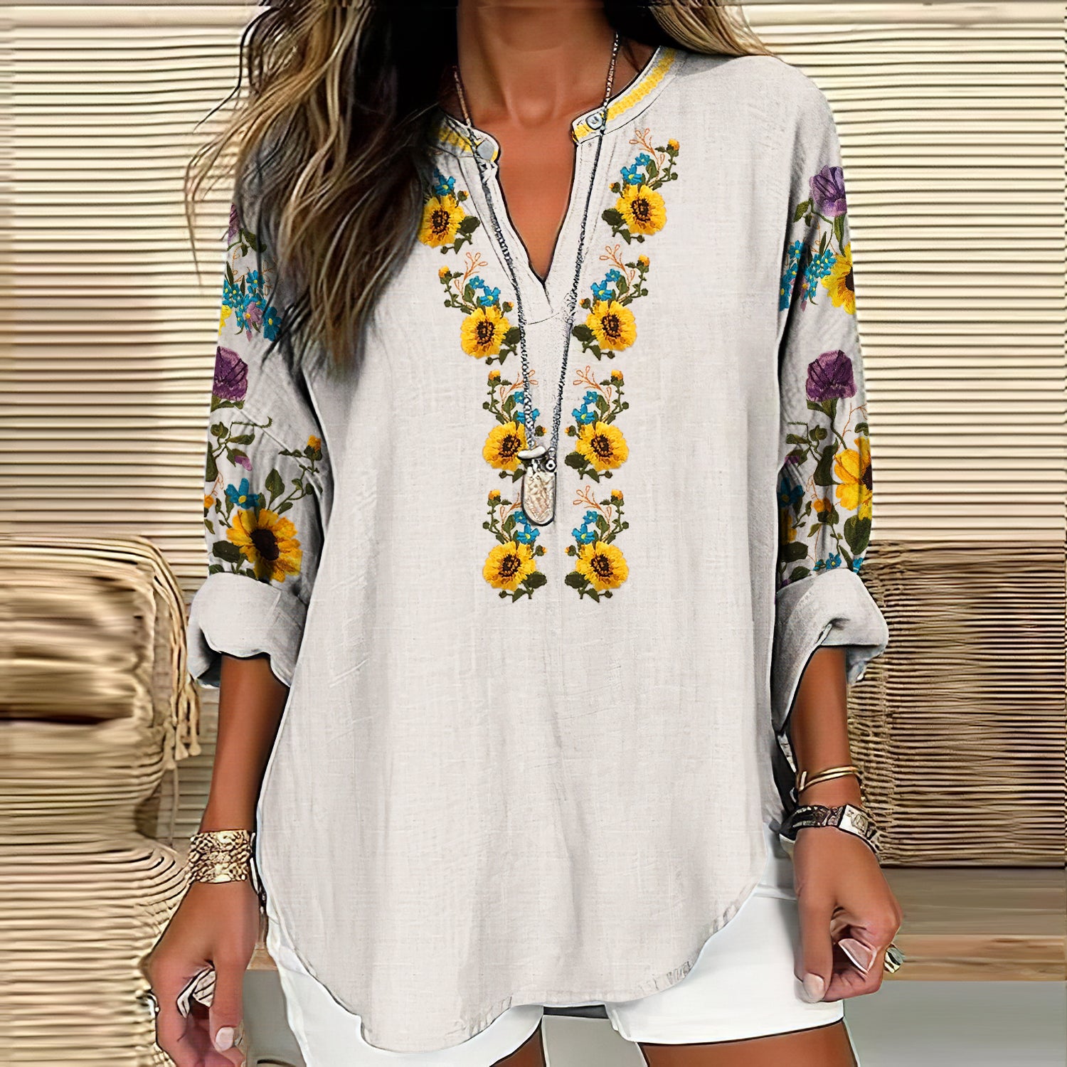 Comstylish Women's Ukraine Sunflower Art V-neck Casual Linen Blend Blouse