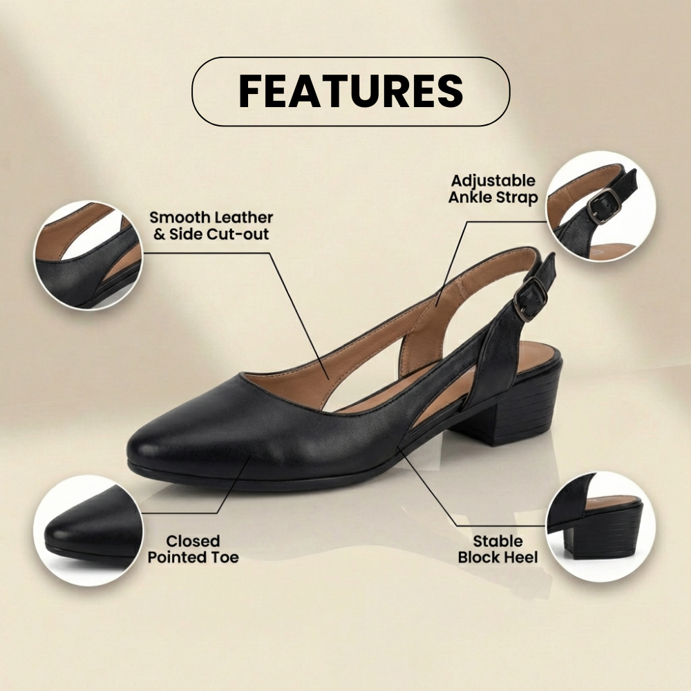 Orthopädische Leder-V-Ausschnitt-Blockabsatz-Pumps - Topstitch-Detail