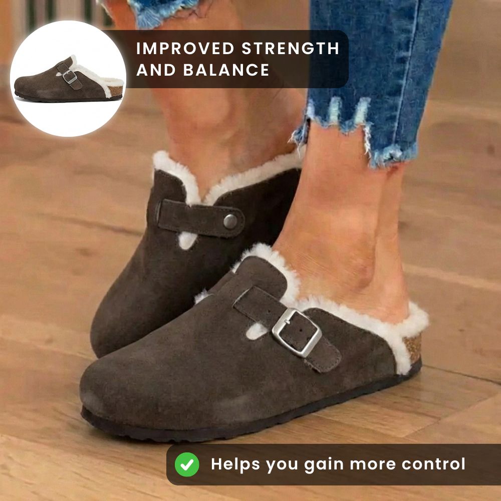 Orthopädische Wildleder-Sherpa-gefütterte Clogs - Schnallengurt-Verschluss