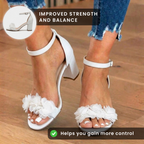 Orthopädische Blockabsatz-Sandalen - Blumen-Applikation & Knöchelriemen