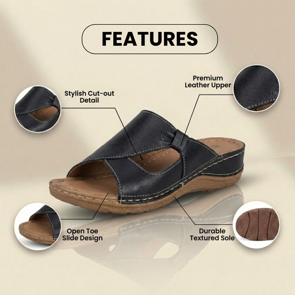 Orthopädische Leder-Crossover-Slide-Sandalen - Kontrastnaht-Detail