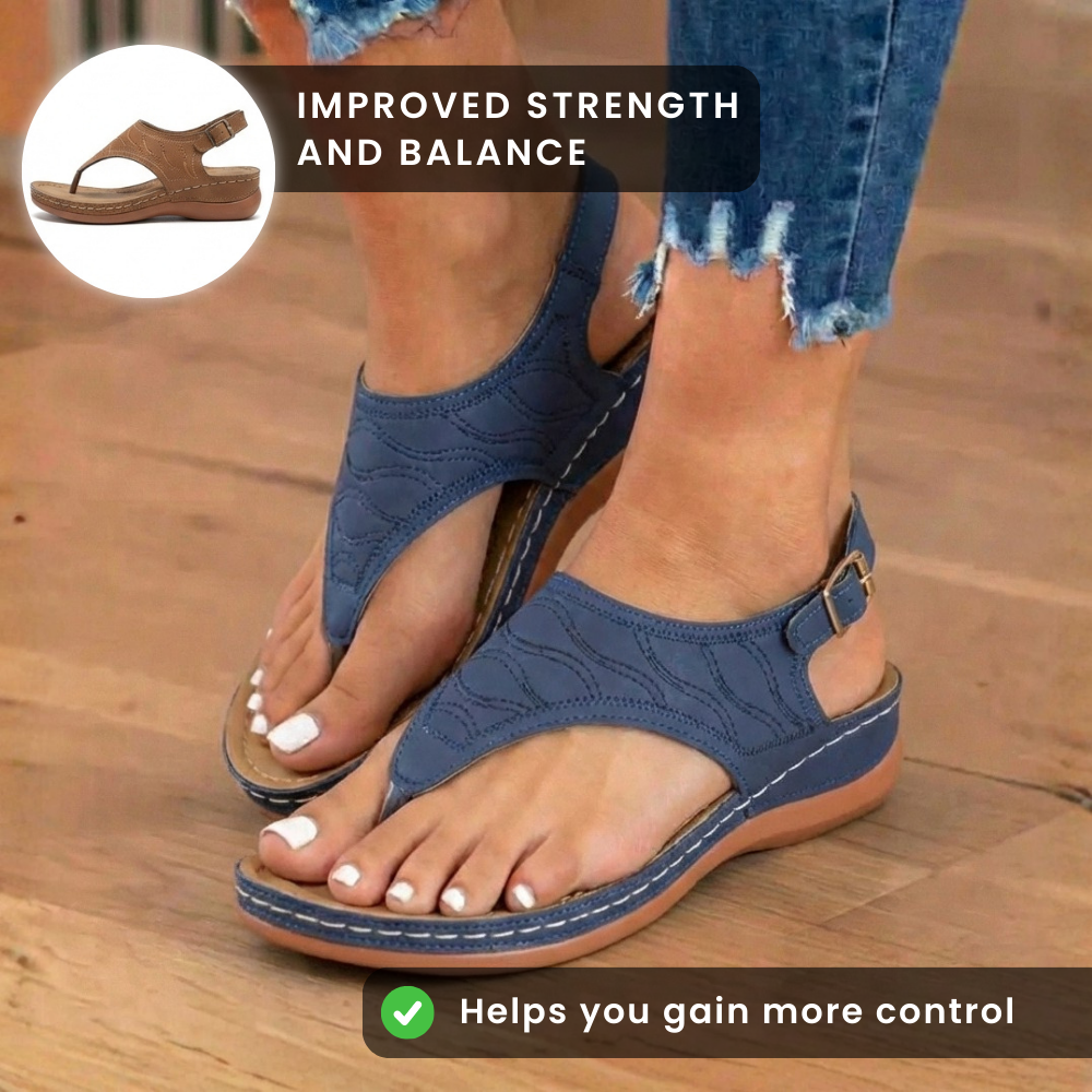 Orthopädische Leder-T-Riemen-Sandalen - Gestepptes Muster & Kontrastnaht