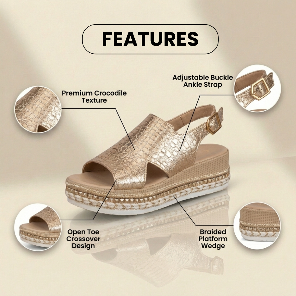 Orthopädische metallische Croc-Platform-Sandalen - Espadrille-Keil & verzierter Saum