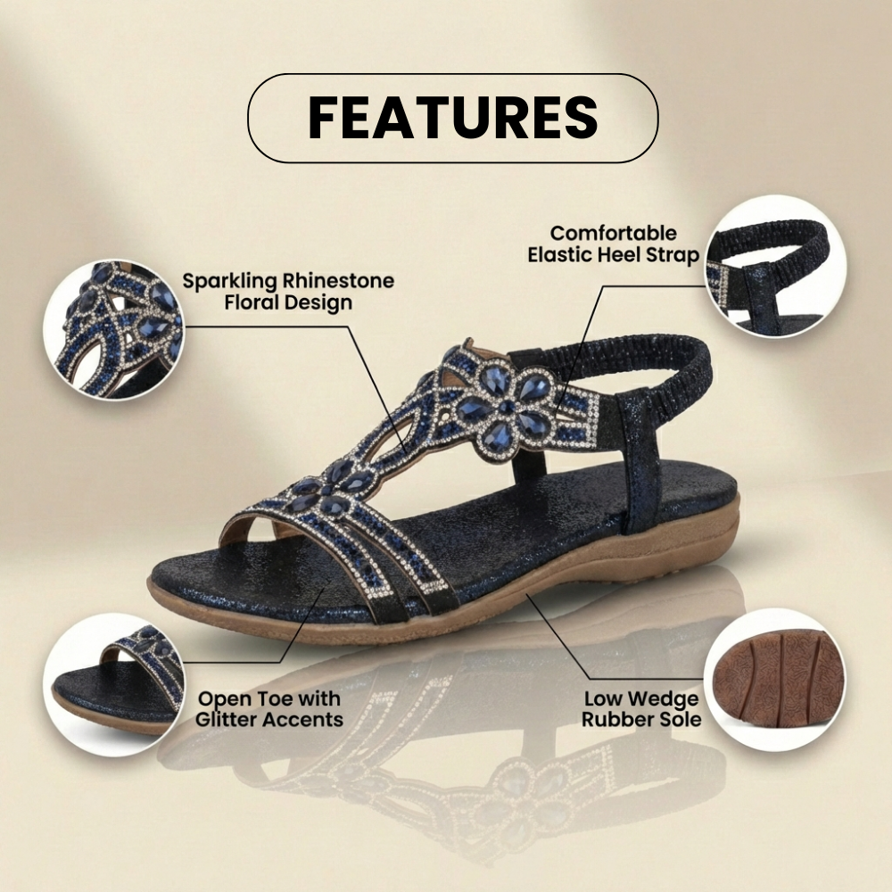Orthopädische verzierte Keilsandalen - Strass-Blumenmuster & elastisches Slingback