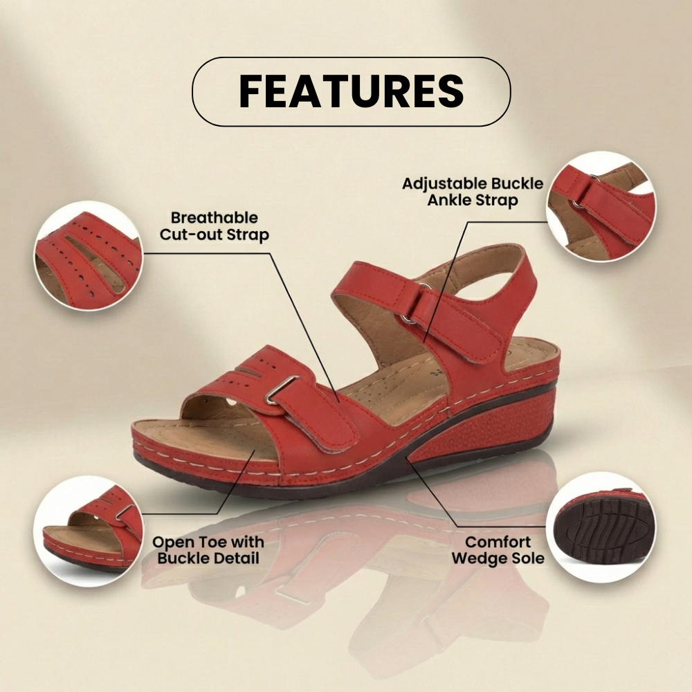Orthopädische Leder-Keilsandalen - Perforiertes Detail & Klettriemen