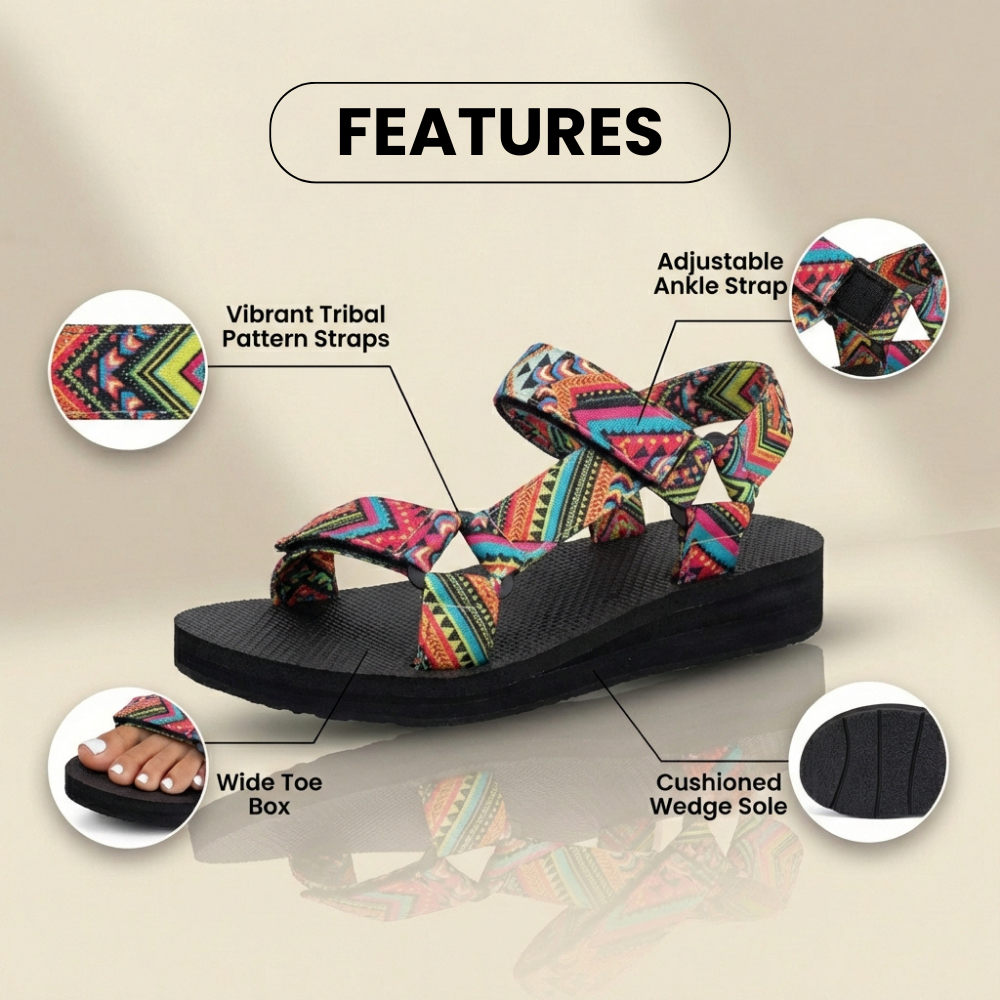 Orthopädische Tribal-Print-Platform-Sandalen - Verstellbare Binderiemen