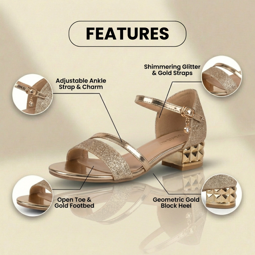 Orthopädische Glitter-Knöchelriemen-Sandalen - Metallischer Akzent & verzierter niedriger Absatz