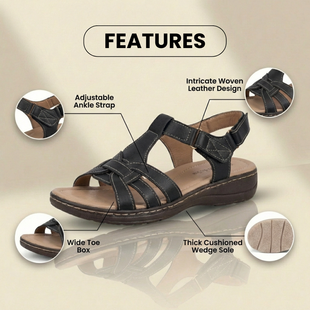 Orthopädische Leder-geflochtene T-Träger-Sandalen - Knöchelschnalle & Korksohle