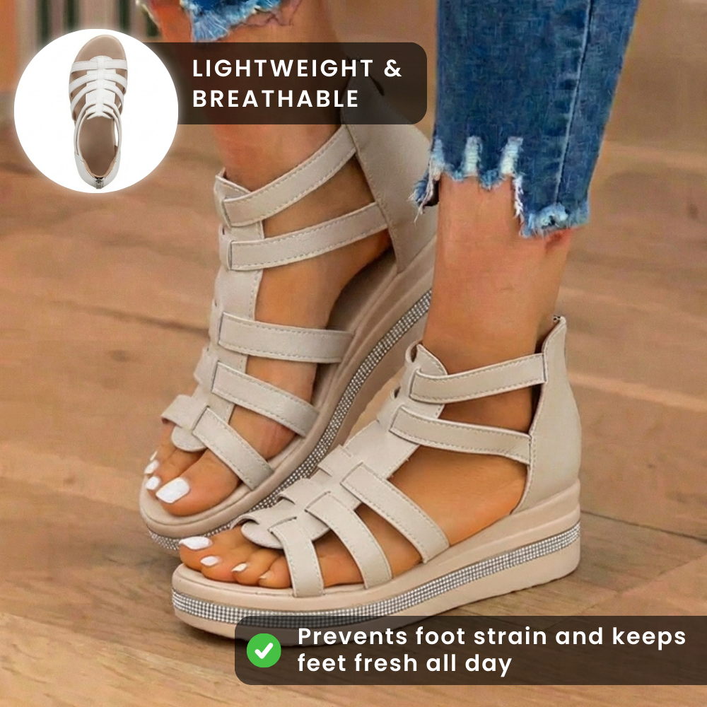 Orthopädische Leder-Gladiator-Plateausandalen - Kristall-Strass-Besatz
