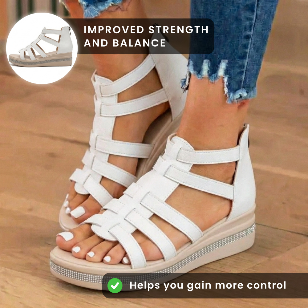 Orthopädische Leder-Gladiator-Plateausandalen - Kristall-Strass-Besatz