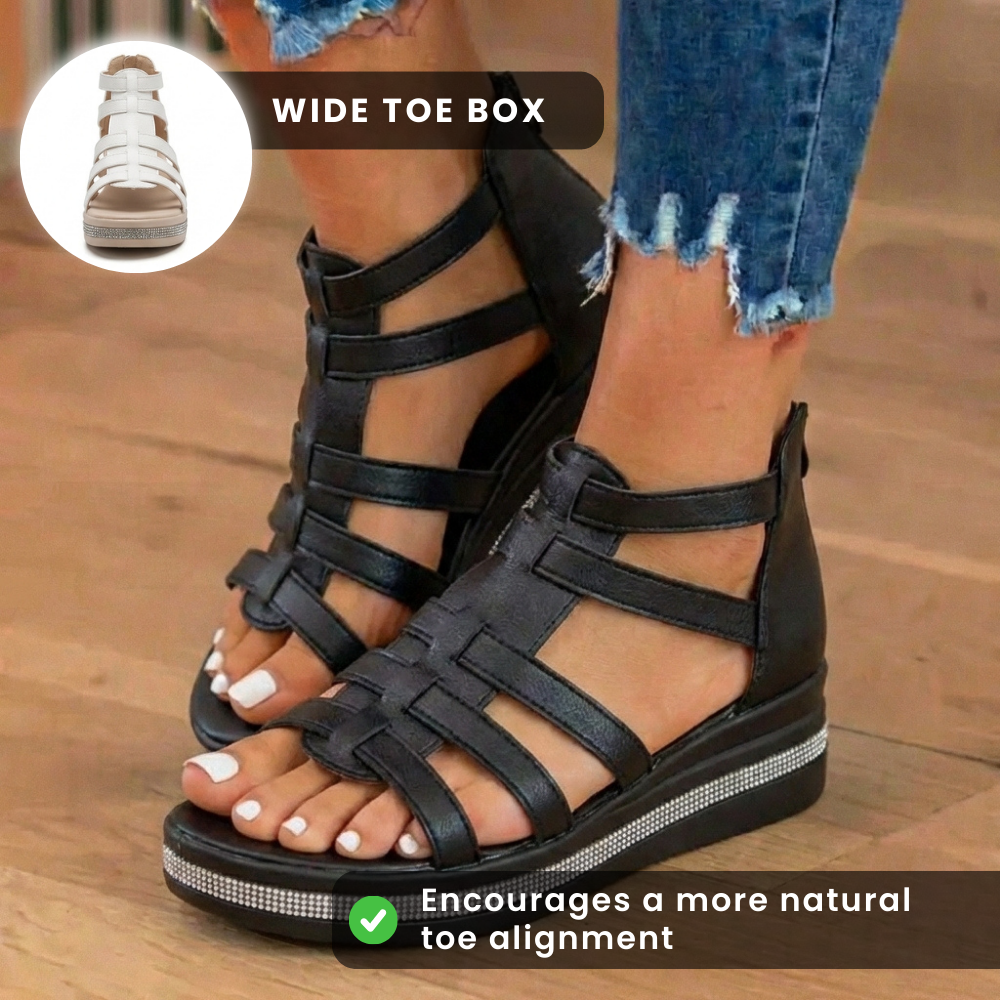 Orthopädische Leder-Gladiator-Plateausandalen - Kristall-Strass-Besatz