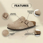 Orthopädische Wildleder-Korkfußbett-Clogs - Einzelne Schnalle Detail