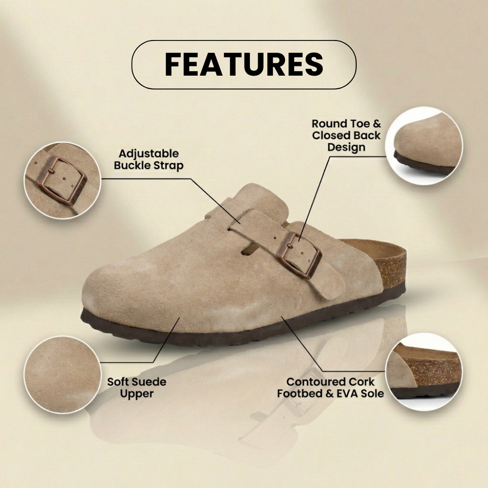 Orthopädische Wildleder-Korkfußbett-Clogs - Einzelne Schnalle Detail