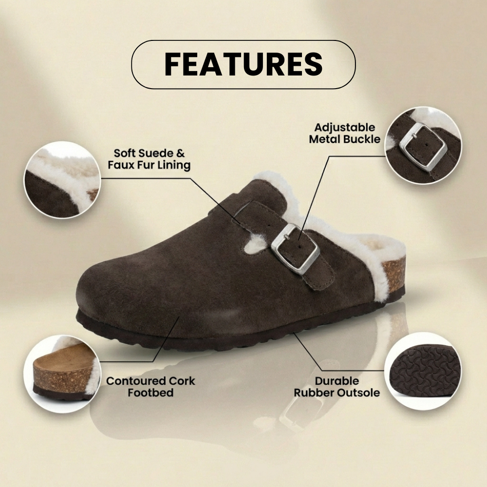 Orthopädische Wildleder-Sherpa-gefütterte Clogs - Schnallengurt-Verschluss