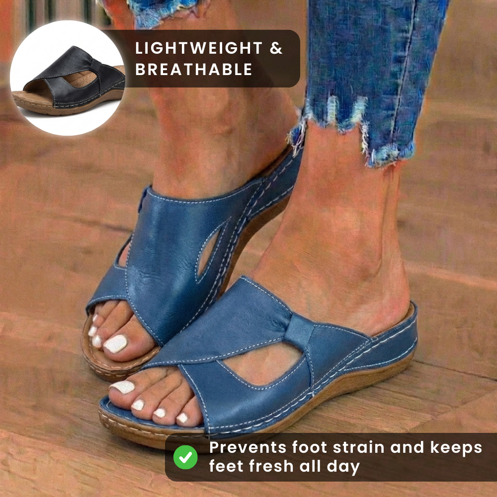 Orthopädische Leder-Crossover-Slide-Sandalen - Kontrastnaht-Detail