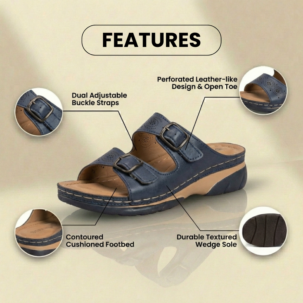 Orthopädische Leder-Platform-Slide-Sandalen - Doppelte Schnalle perforiertes Design