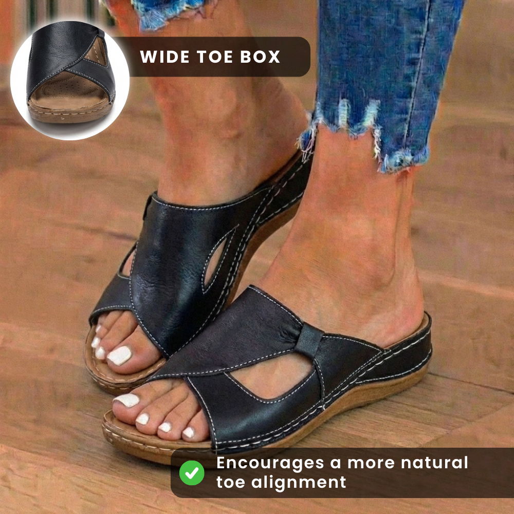 Orthopädische Leder-Crossover-Slide-Sandalen - Kontrastnaht-Detail