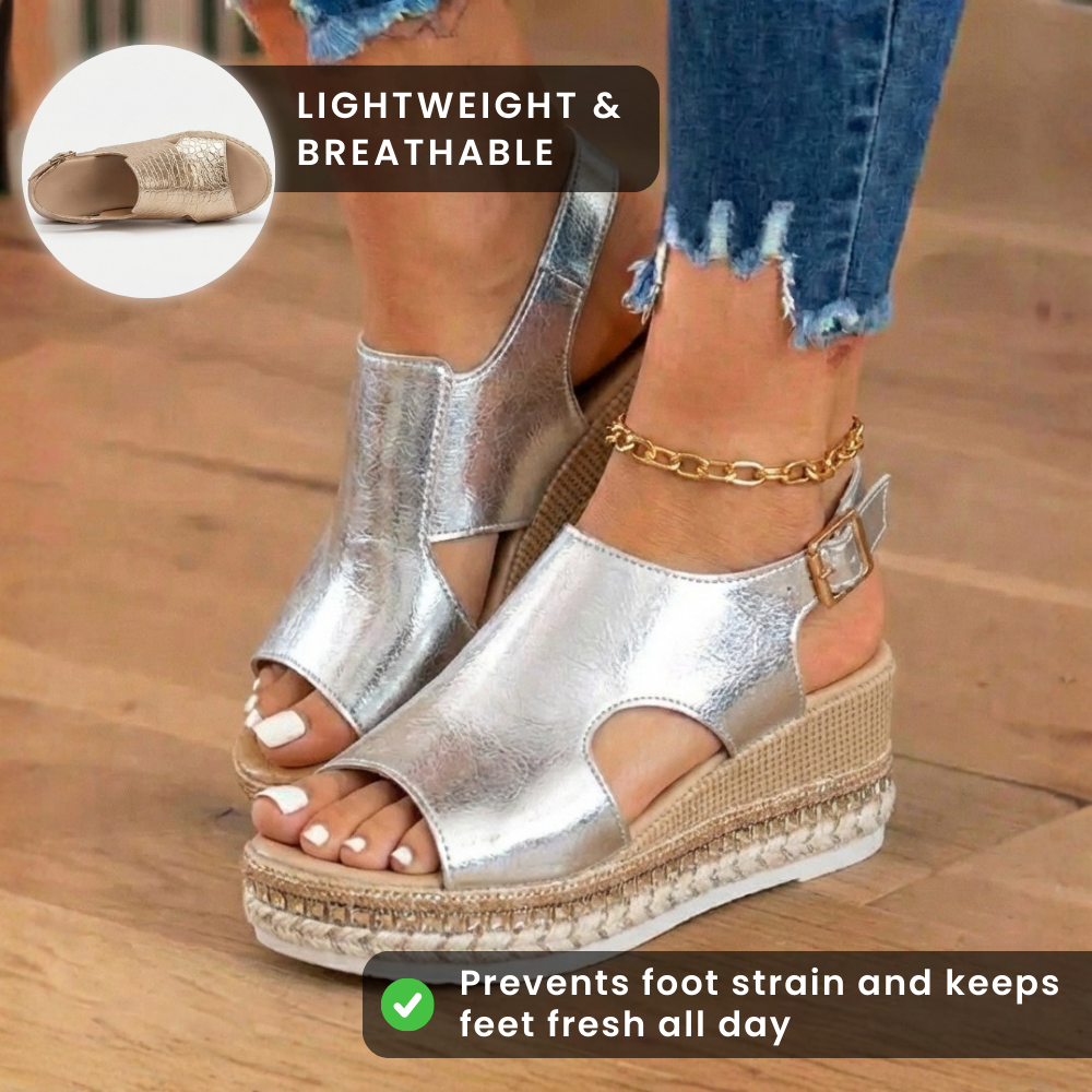 Orthopädische metallische Croc-Platform-Sandalen - Espadrille-Keil & verzierter Saum
