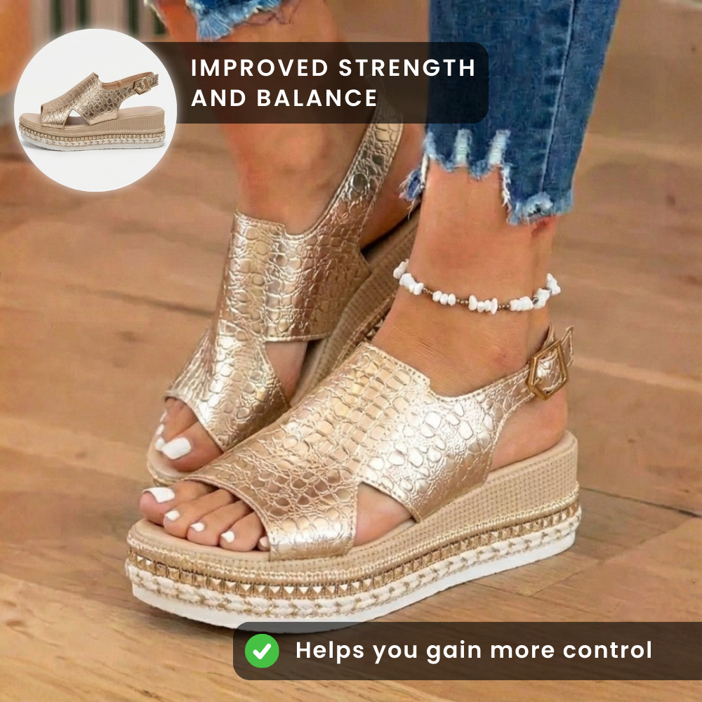 Orthopädische metallische Croc-Platform-Sandalen - Espadrille-Keil & verzierter Saum