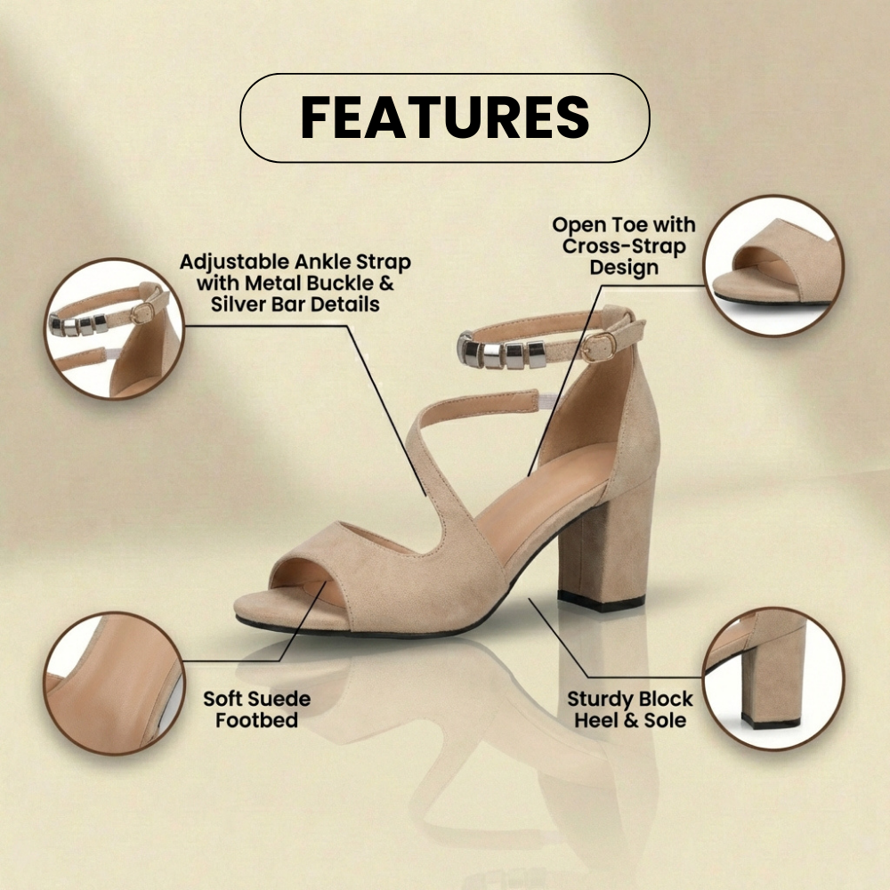 Orthopädische Wildleder-Blockabsatz-Sandalen - Metallischer Perlen-Knöchelriemen