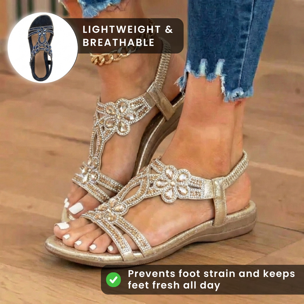 Orthopädische verzierte Keilsandalen - Strass-Blumenmuster & elastisches Slingback