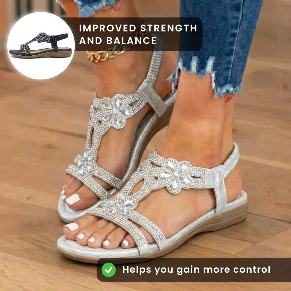 Orthopädische verzierte Keilsandalen - Strass-Blumenmuster & elastisches Slingback