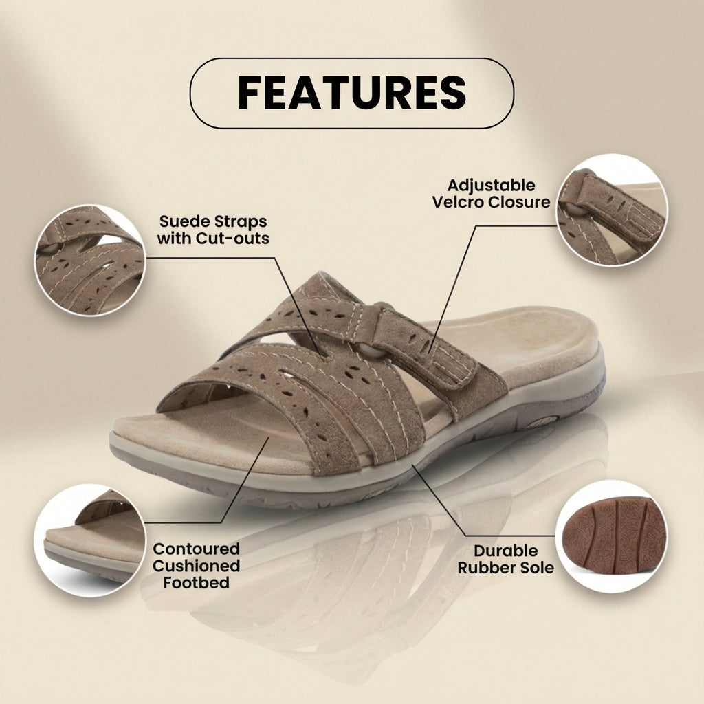 Orthopädische Wildleder-Slide-Sandalen - perforierter Ausschnitt und Klettverschluss