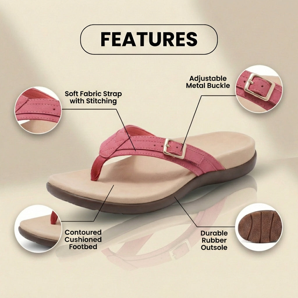 Orthopädische Stoff-Zehenstegsandalen - Schnallen-Detail und konturiertes Fußbett