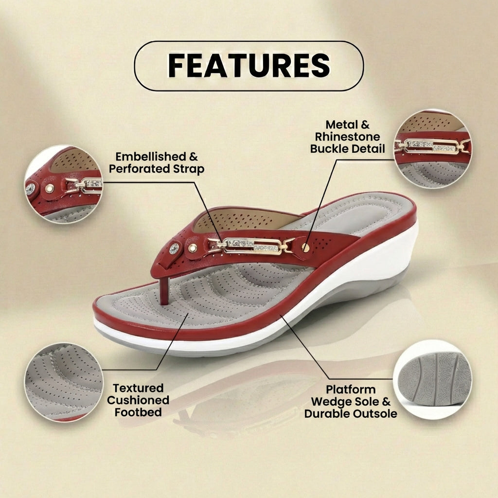 Orthopädische verzierte Keilabsatz-Zehenstegsandalen - Strass und Metallhardware