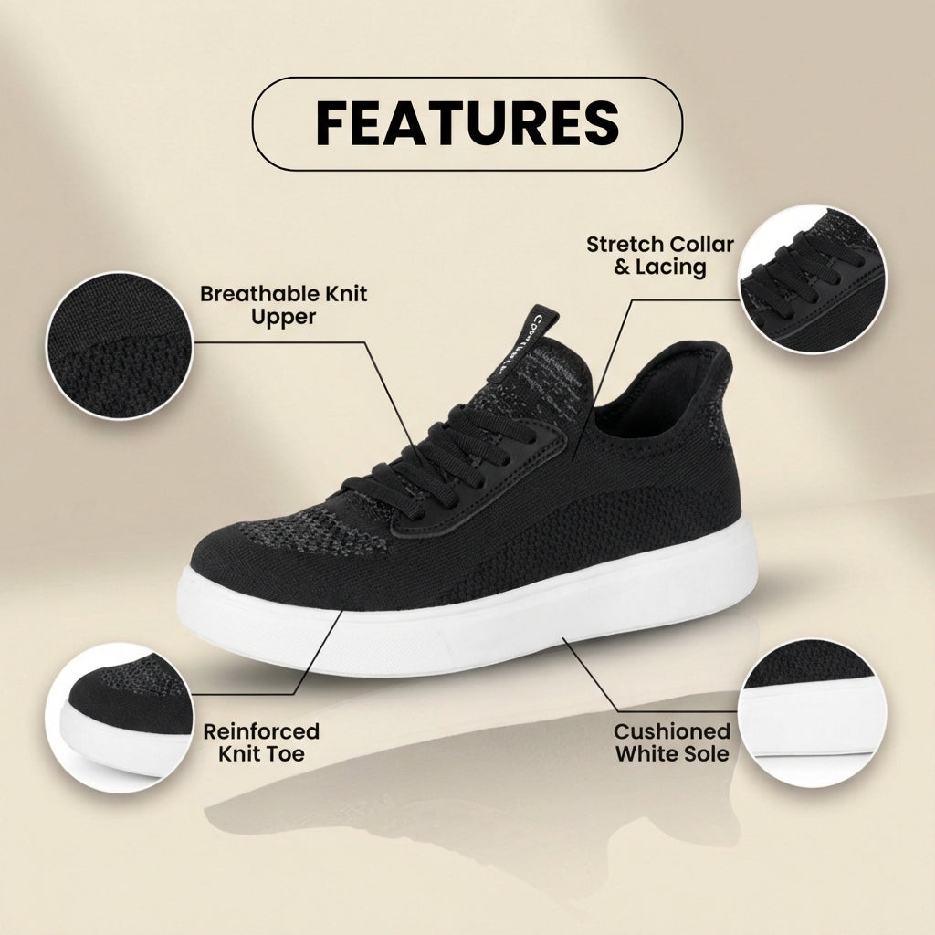 Orthopädische Strick-Slip-On-Sneaker - dehnbarer Kragen und weiße Sohle