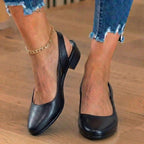 Orthopädische Leder-V-Ausschnitt-Blockabsatz-Pumps - Topstitch-Detail