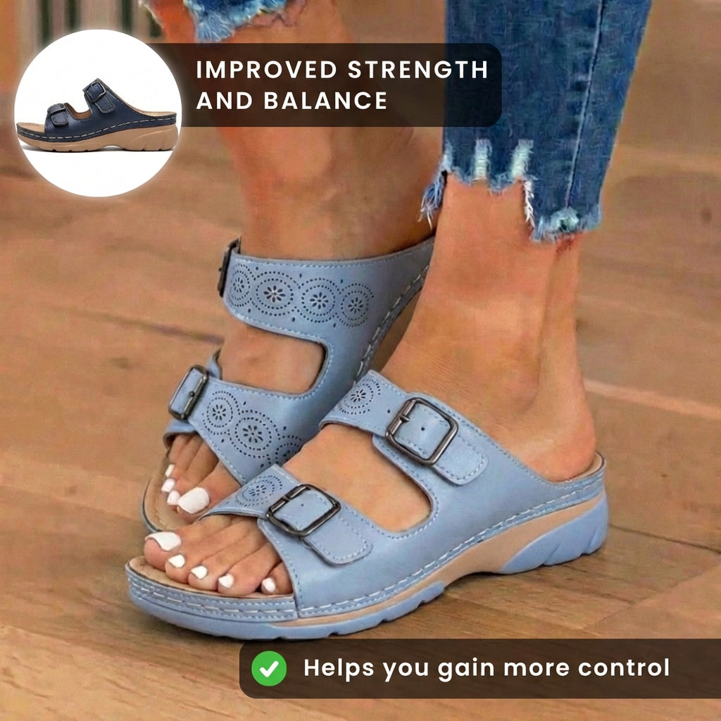 Orthopädische Leder-Platform-Slide-Sandalen - Doppelte Schnalle perforiertes Design