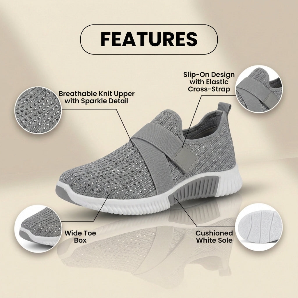 Orthopädische Strick-Slip-On-Sneaker - mit Strass besetzt und verstellbarer Riemen