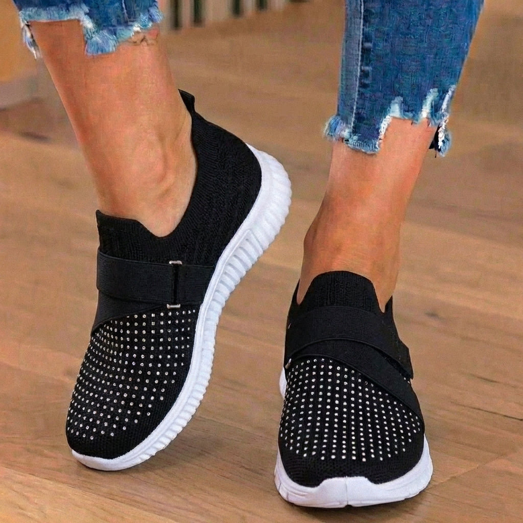 Orthopädische Strick-Slip-On-Sneaker - mit Strass besetzt und verstellbarer Riemen