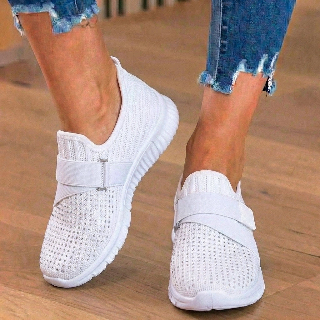Orthopädische Strick-Slip-On-Sneaker - mit Strass besetzt und verstellbarer Riemen