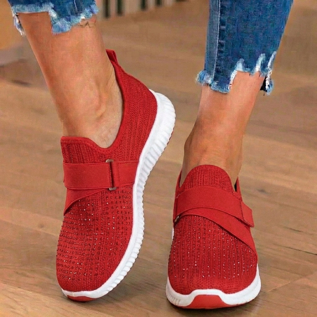 Orthopädische Strick-Slip-On-Sneaker - mit Strass besetzt und verstellbarer Riemen