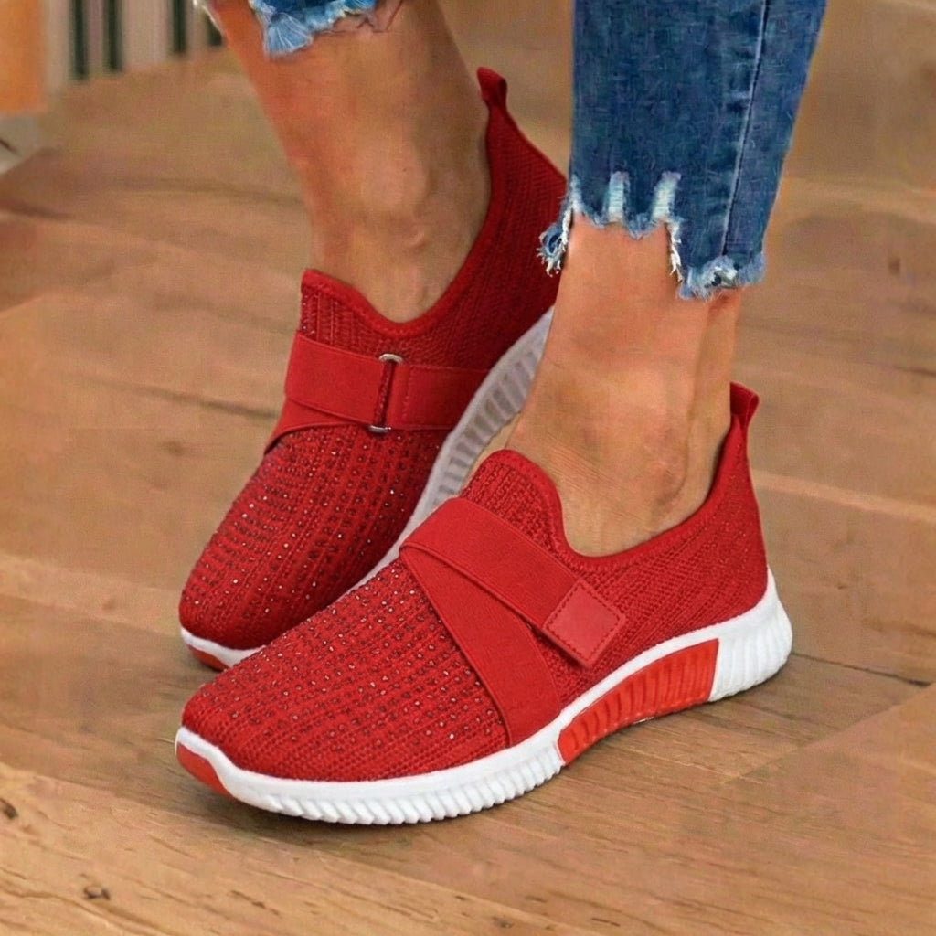 Orthopädische Strick-Slip-On-Sneaker - mit Strass besetzt und verstellbarer Riemen