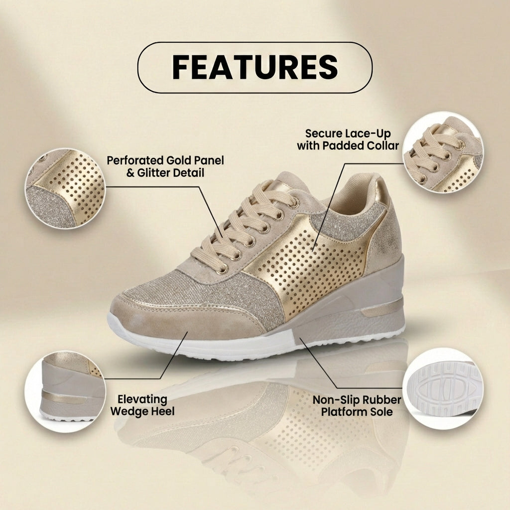 Orthopädische Leder-Keilabsatz-Sneaker - mit Glitter besetzt und perforierte Paneele