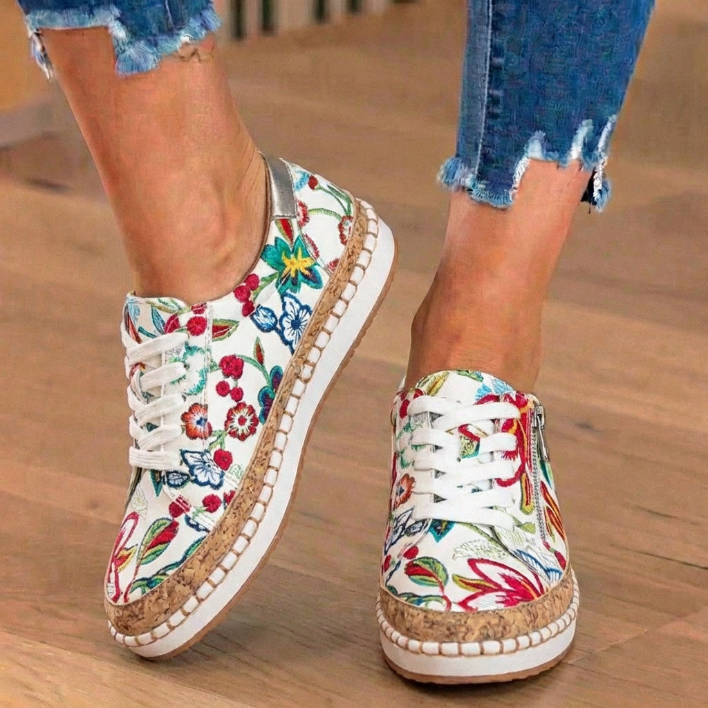 Orthopädische Canvas-Espadrille-Sneaker - bestickte Blumenmuster und Kork-Trim-Detail