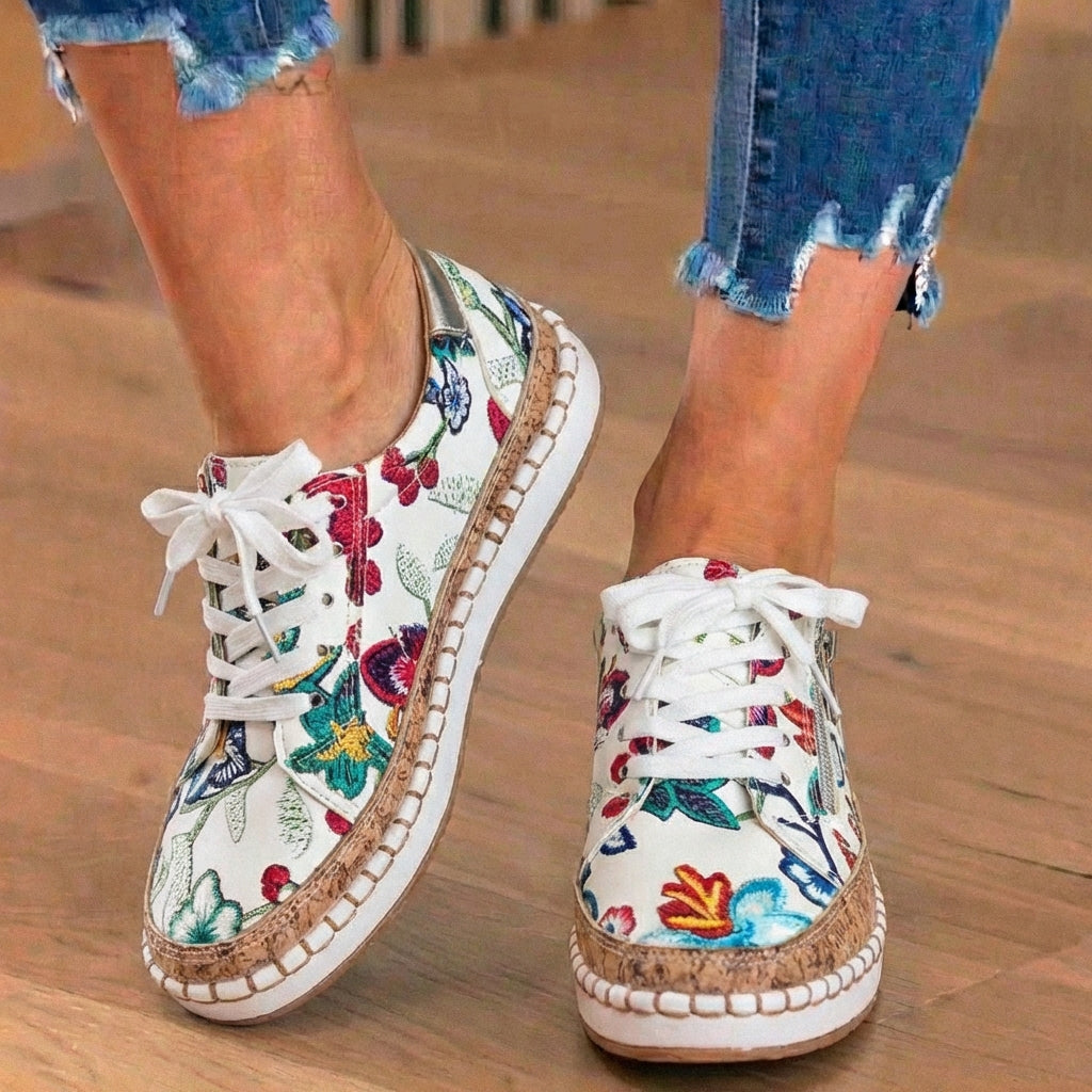Orthopädische Canvas-Espadrille-Sneaker - bestickte Blumenmuster und Kork-Trim-Detail
