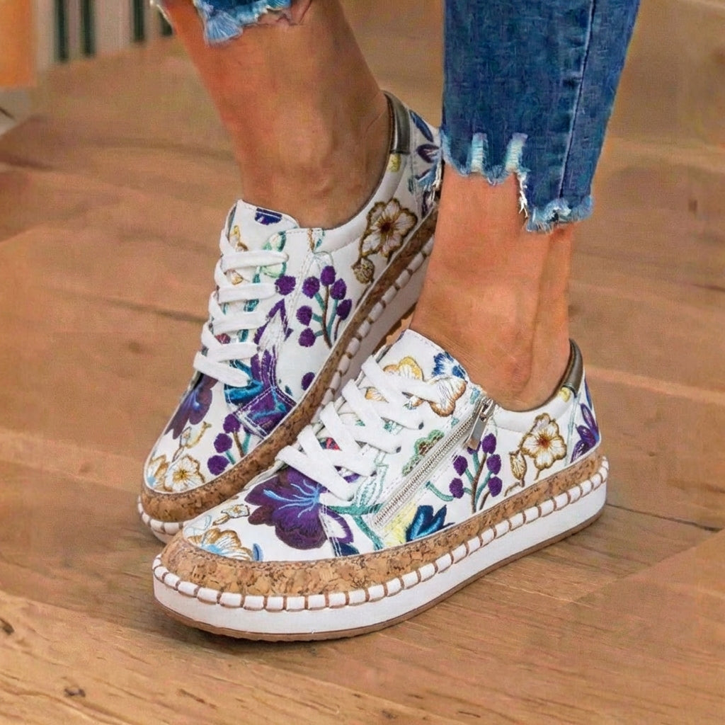 Orthopädische Canvas-Espadrille-Sneaker - bestickte Blumenmuster und Kork-Trim-Detail