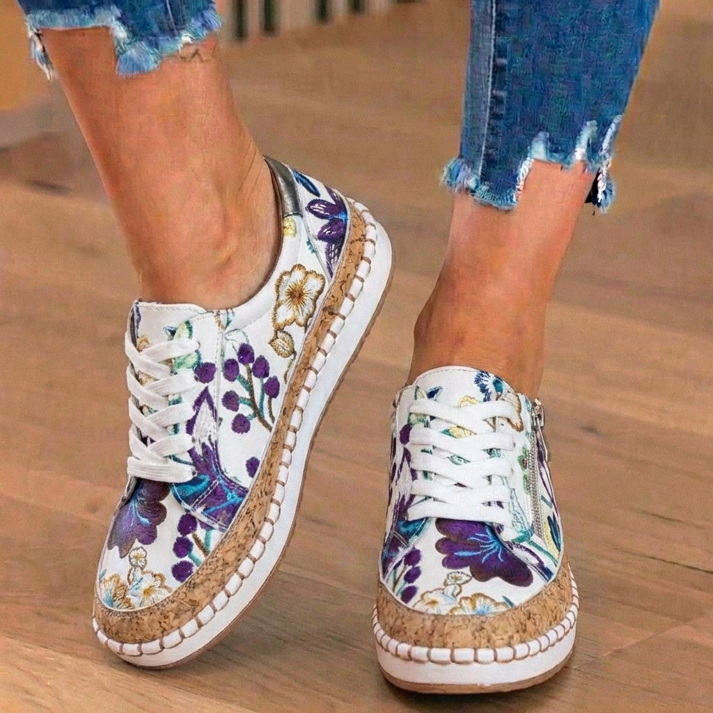 Orthopädische Canvas-Espadrille-Sneaker - bestickte Blumenmuster und Kork-Trim-Detail