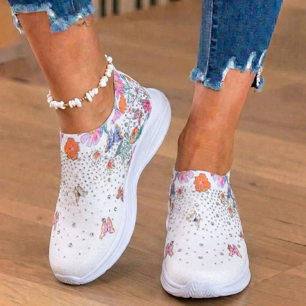 Orthopädische Strick-Slip-On-Sneaker - Schmetterings- und Blumendruck und Kristall-Verzierungen