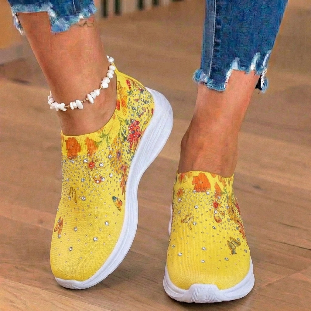 Orthopädische Strick-Slip-On-Sneaker - Schmetterings- und Blumendruck und Kristall-Verzierungen